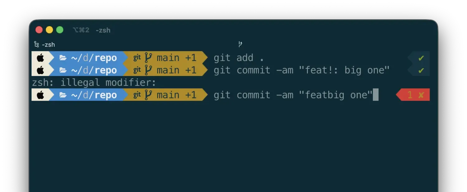 A terminal window showing a git commit command with a Conventional Commits 'bang' causing an error.