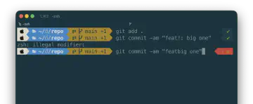 A terminal window showing a git commit command with a Conventional Commits 'bang' causing an error.